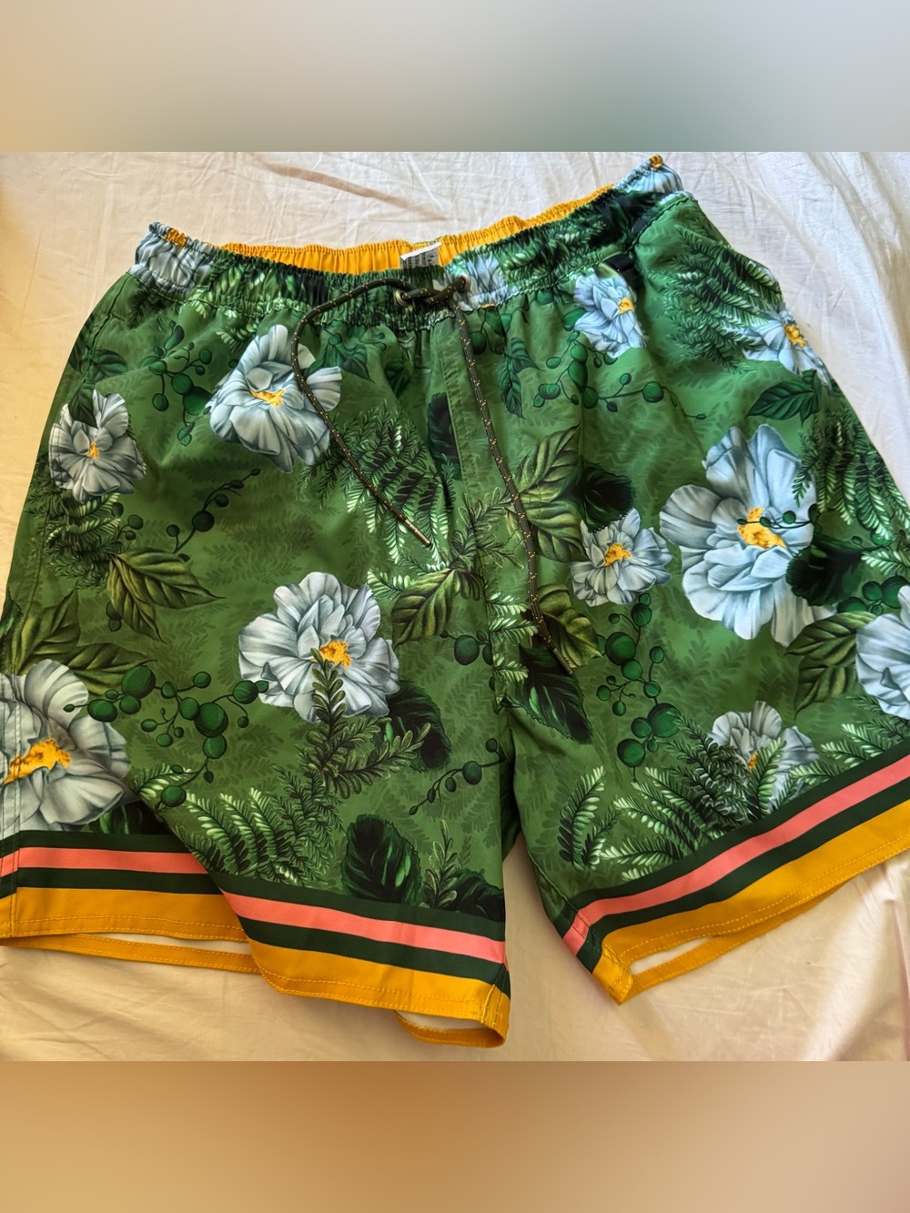 Agua Bendita Green Floral Swim Board Shorts
with Yellow & Pink Trim